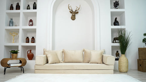 8" Thick Beige Velvet Floor Seating, Sectional Sofa, Velvet Floor Sofa with Ottoman Couch and Rug, Bohemian Sectionals, Arabic Floor Sofa Set, Floor Couches - Arabic Sofa