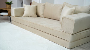 8" Thick Beige Velvet Floor Seating, Sectional Sofa, Velvet Floor Sofa with Ottoman Couch and Rug, Bohemian Sectionals, Arabic Floor Sofa Set, Floor Couches - Arabic Sofa