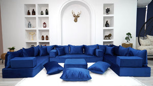 8" Thickness Royal Blue U Shaped Floor Seating Sofas, Sofa Bed Couch, Luxury Velvet Sofas, Moroccan Home Decor - Arabic Sofa