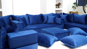 8" Thickness Royal Blue U Shaped Floor Seating Sofas, Sofa Bed Couch, Luxury Velvet Sofas, Moroccan Home Decor - Arabic Sofa