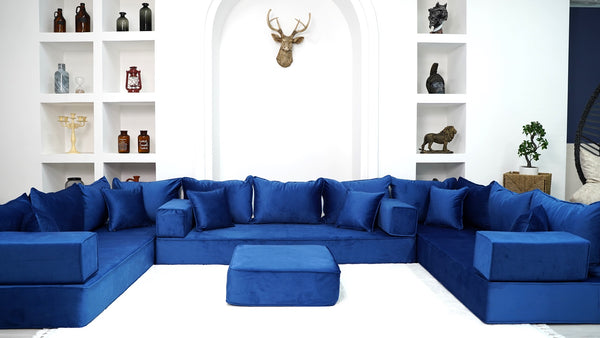 8" Thickness Royal Blue U Shaped Floor Seating Sofas, Sofa Bed Couch, Luxury Velvet Sofas, Moroccan Home Decor - Arabic Sofa