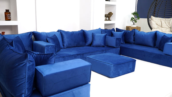 8" Thickness Royal Blue U Shaped Floor Seating Sofas, Sofa Bed Couch, Luxury Velvet Sofas, Moroccan Home Decor - Arabic Sofa