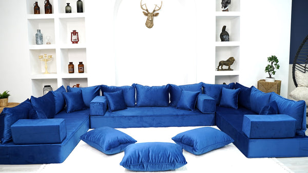 8" Thickness Royal Blue U Shaped Floor Seating Sofas, Sofa Bed Couch, Luxury Velvet Sofas, Moroccan Home Decor - Arabic Sofa