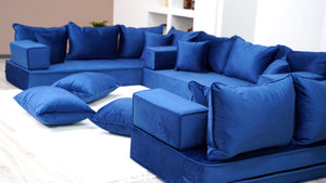 8" Thickness Royal Blue U Shaped Floor Seating Sofas, Sofa Bed Couch, Luxury Velvet Sofas, Moroccan Home Decor - Arabic Sofa