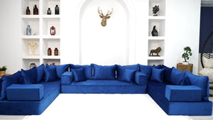 8" Thickness Royal Blue U Shaped Floor Seating Sofas, Sofa Bed Couch, Luxury Velvet Sofas, Moroccan Home Decor - Arabic Sofa