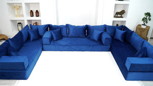 8" Thickness Royal Blue U Shaped Floor Seating Sofas, Sofa Bed Couch, Luxury Velvet Sofas, Moroccan Home Decor - Arabic Sofa