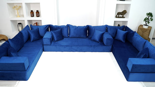 8" Thickness Royal Blue U Shaped Floor Seating Sofas, Sofa Bed Couch, Luxury Velvet Sofas, Moroccan Home Decor - Arabic Sofa