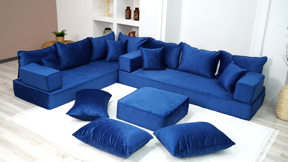 L Shaped Royal Blue Couch, Moroccan Livingroom Floor Couch, Velvet Sofa Cover, Sofa Bed, Velvet Arabic Seating - Arabic Sofa