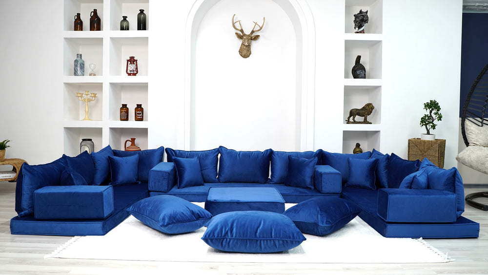 Velvet Royal Blue Color U Shaped Floor Seating, Velvet Floor Sofa, Velvet Floor Couch, Sectional Sofas - Arabic Sofa