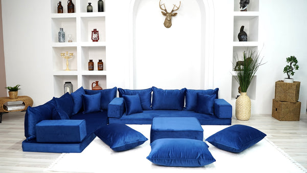 Royal Blue Color Floor Seating Sofa, Velvet Floor Couch, Loveseat, Sectional Sofa, Pallet Sofa, Moroccan Home Decor Livingroom Sofa - Arabic Sofa