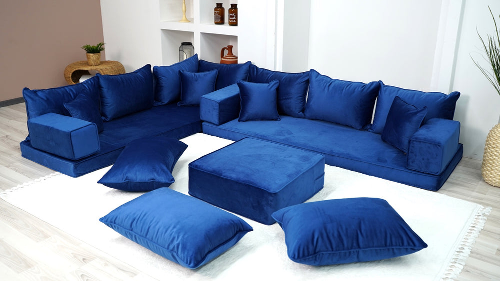 Royal Blue Color Floor Seating Sofa, Velvet Floor Couch, Loveseat, Sectional Sofa, Pallet Sofa, Moroccan Home Decor Livingroom Sofa - Arabic Sofa