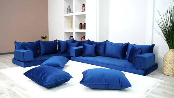 Royal Blue Color Floor Seating Sofa, Velvet Floor Couch, Loveseat, Sectional Sofa, Pallet Sofa, Moroccan Home Decor Livingroom Sofa - Arabic Sofa