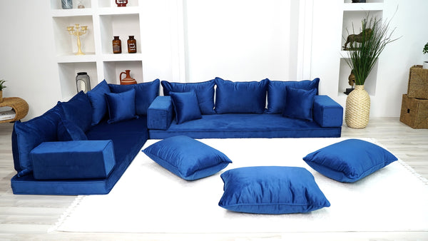 Royal Blue Color Floor Seating Sofa, Velvet Floor Couch, Loveseat, Sectional Sofa, Pallet Sofa, Moroccan Home Decor Livingroom Sofa - Arabic Sofa