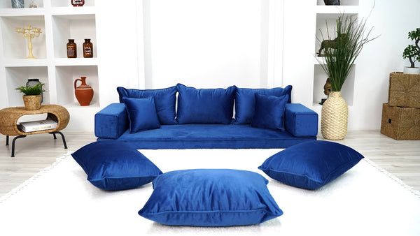 Premium Fabric Velvet Floor Seating Set, Velvet Floor Couch, Floor Cushions, Sectional Sofa with Ottoman Couch and Rug, French Cushions, Futon Cushion, Window Seat - Arabic Sofa