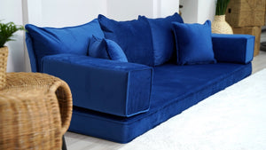 Ensembles de canapés en velours bleu de 4" d'épaisseur, canapés de sol, canapé d'amour, coussins de sol, coussins modernes pour salon, lit de sol, canapés de sol en velours