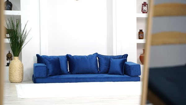 Ensembles de canapés en velours bleu de 4" d'épaisseur, canapés de sol, canapé d'amour, coussins de sol, coussins modernes pour salon, lit de sol, canapés de sol en velours