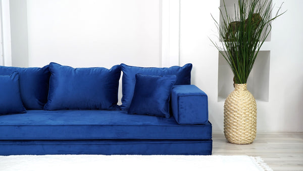 Ensembles de canapés en velours bleu de 4" d'épaisseur, canapés de sol, canapé d'amour, coussins de sol, coussins modernes pour salon, lit de sol, canapés de sol en velours
