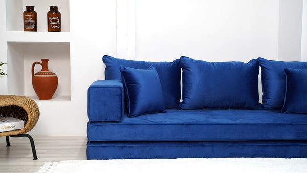 Ensembles de canapés en velours bleu de 4" d'épaisseur, canapés de sol, canapé d'amour, coussins de sol, coussins modernes pour salon, lit de sol, canapés de sol en velours