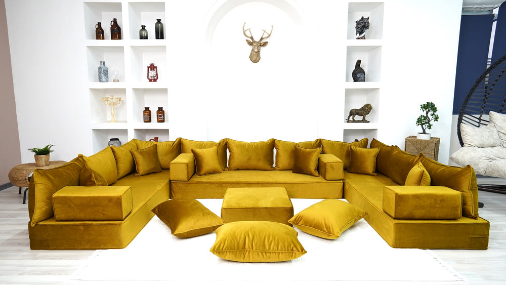 Velvet Gold Color U Shaped Floor Seating Sofas, Sectional Sofas, Modern Livingroom Floor Couch, Moroccan Home Decor Cushion - Arabic Sofa