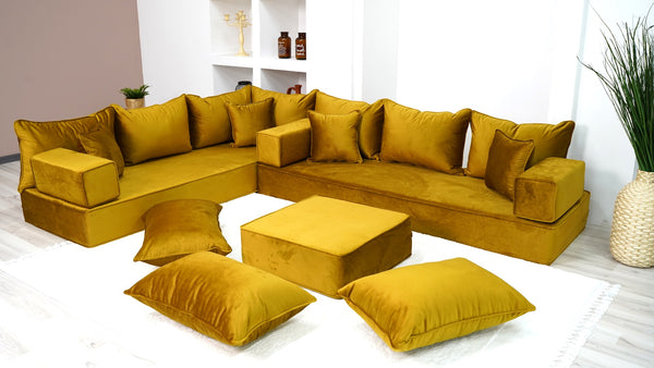 Velvet Fabric Gold L Shaped Floor Seating, Moroccan Livingroom Seating, Luxury Velvet Floor Couch, Ektorp Sofa Cover - Arabic Sofa