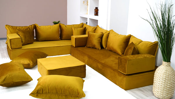 Velvet Fabric Gold L Shaped Floor Seating, Moroccan Livingroom Seating, Luxury Velvet Floor Couch, Ektorp Sofa Cover - Arabic Sofa