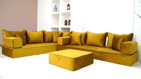 Velvet Fabric Gold L Shaped Floor Seating, Moroccan Livingroom Seating, Luxury Velvet Floor Couch, Ektorp Sofa Cover - Arabic Sofa