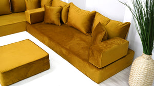 Velvet Fabric Gold L Shaped Floor Seating, Moroccan Livingroom Seating, Luxury Velvet Floor Couch, Ektorp Sofa Cover - Arabic Sofa