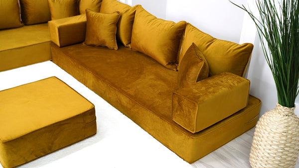 Velvet Fabric Gold L Shaped Floor Seating, Moroccan Livingroom Seating, Luxury Velvet Floor Couch, Ektorp Sofa Cover - Arabic Sofa