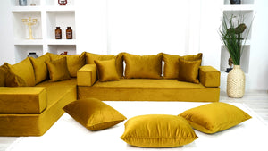 Velvet Fabric Gold L Shaped Floor Seating, Moroccan Livingroom Seating, Luxury Velvet Floor Couch, Ektorp Sofa Cover - Arabic Sofa