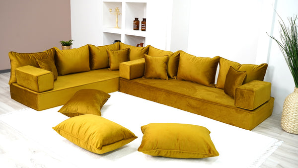 Velvet Fabric Gold L Shaped Floor Seating, Moroccan Livingroom Seating, Luxury Velvet Floor Couch, Ektorp Sofa Cover - Arabic Sofa
