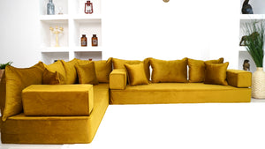Velvet Fabric Gold L Shaped Floor Seating, Moroccan Livingroom Seating, Luxury Velvet Floor Couch, Ektorp Sofa Cover - Arabic Sofa