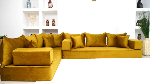 Velvet Fabric Gold L Shaped Floor Seating, Moroccan Livingroom Seating, Luxury Velvet Floor Couch, Ektorp Sofa Cover - Arabic Sofa