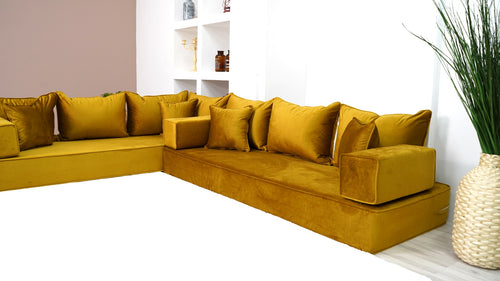 Velvet Fabric Gold L Shaped Floor Seating, Moroccan Livingroom Seating, Luxury Velvet Floor Couch, Ektorp Sofa Cover - Arabic Sofa