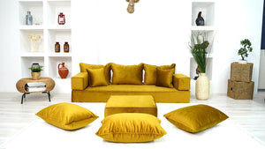 8" Thickness Velvet Gold Color Floor Couch with Ottoman Couch and Rug, Customizable Cushion, Loveseat, French Cushion, Modern Livingroom Sofa, Window Seat, Floor Couch - Arabic Sofa