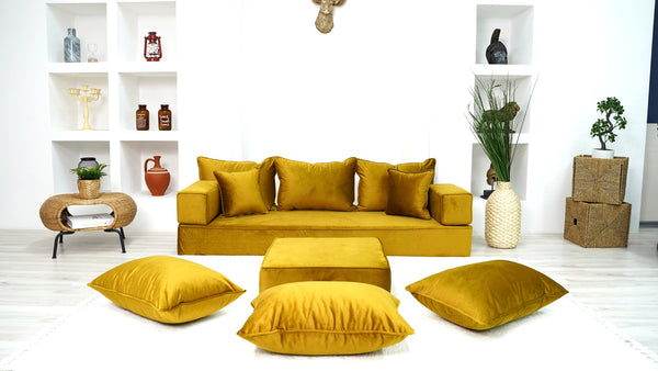 8" Thickness Velvet Gold Color Floor Couch with Ottoman Couch and Rug, Customizable Cushion, Loveseat, French Cushion, Modern Livingroom Sofa, Window Seat, Floor Couch - Arabic Sofa