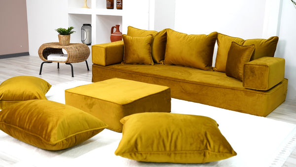 8" Thickness Velvet Gold Color Floor Couch with Ottoman Couch and Rug, Customizable Cushion, Loveseat, French Cushion, Modern Livingroom Sofa, Window Seat, Floor Couch - Arabic Sofa