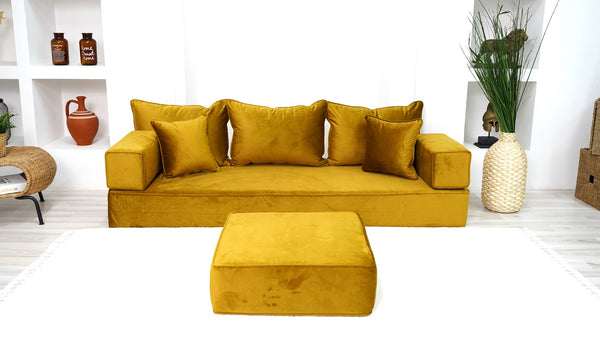 8" Thickness Velvet Gold Color Floor Couch with Ottoman Couch and Rug, Customizable Cushion, Loveseat, French Cushion, Modern Livingroom Sofa, Window Seat, Floor Couch - Arabic Sofa