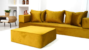 8" Thickness Velvet Gold Color Floor Couch with Ottoman Couch and Rug, Customizable Cushion, Loveseat, French Cushion, Modern Livingroom Sofa, Window Seat, Floor Couch - Arabic Sofa