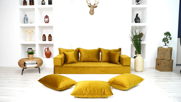 8" Thickness Velvet Gold Color Floor Couch with Ottoman Couch and Rug, Customizable Cushion, Loveseat, French Cushion, Modern Livingroom Sofa, Window Seat, Floor Couch - Arabic Sofa