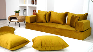 8" Thickness Velvet Gold Color Floor Couch with Ottoman Couch and Rug, Customizable Cushion, Loveseat, French Cushion, Modern Livingroom Sofa, Window Seat, Floor Couch - Arabic Sofa