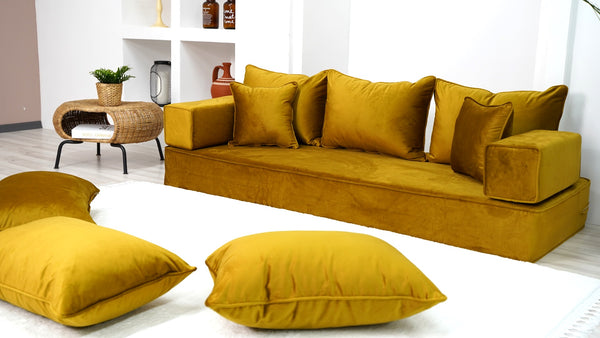 8" Thickness Velvet Gold Color Floor Couch with Ottoman Couch and Rug, Customizable Cushion, Loveseat, French Cushion, Modern Livingroom Sofa, Window Seat, Floor Couch - Arabic Sofa
