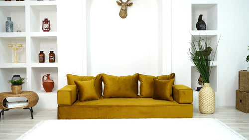 8" Thickness Velvet Gold Color Floor Couch with Ottoman Couch and Rug, Customizable Cushion, Loveseat, French Cushion, Modern Livingroom Sofa, Window Seat, Floor Couch - Arabic Sofa