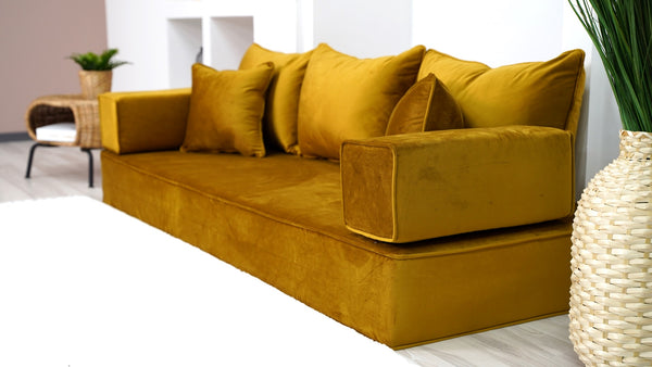 8" Thickness Velvet Gold Color Floor Couch with Ottoman Couch and Rug, Customizable Cushion, Loveseat, French Cushion, Modern Livingroom Sofa, Window Seat, Floor Couch - Arabic Sofa