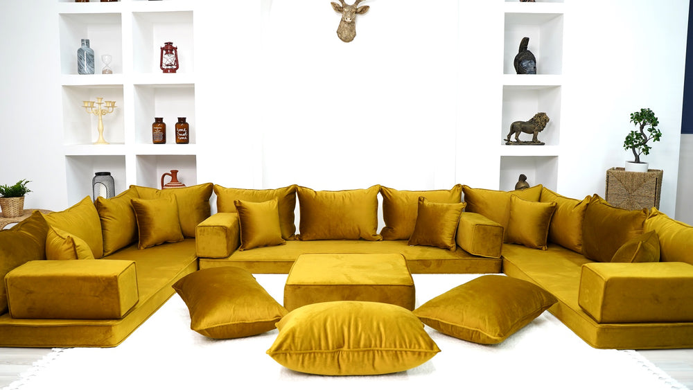 Gold Color Velvet Floor Sofa Set, Velvet Floor Couch, Sectional Sofas, Moroccan Home Decor, Arabic Seating Sofa - Arabic Sofa