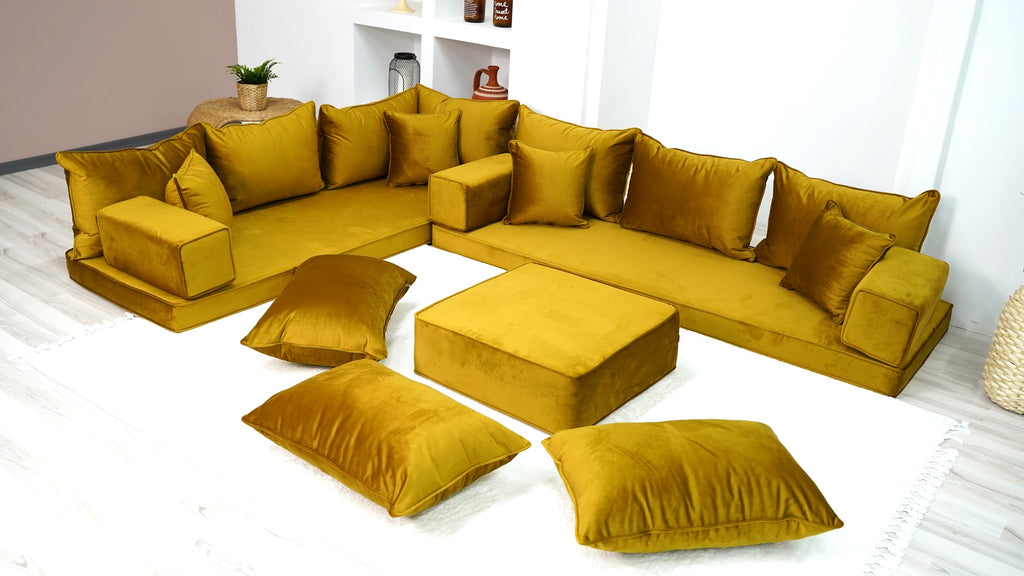 Gold Color Velvet Corner Floor Seating, Sectional Sofas, Bench Cushions, Moroccan Home Decor Livingroom Sofa - Arabic Sofa