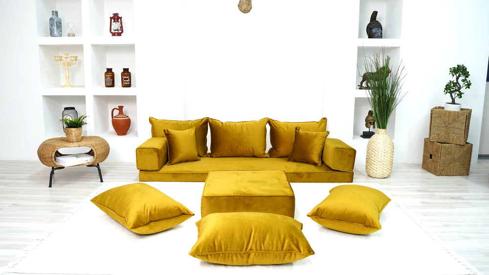 Gold Velvet Floor Seating, Sectional Sofa with Ottoman Couch and Rug, Velvet Floor Sofa, Toddler Floor Bed, Patio Sofa, Modular Cushion, Ethnic Floor Cushion - Arabic Sofa