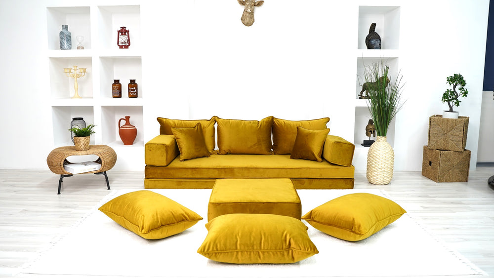 8" Thick Gold Velvet Floor Seating, Sectional Sofa with Ottoman Couch and Rug, Velvet Floor Sofa, Toddler Floor Bed, Patio Sofa, Modular Cushion, Ethnic Floor Cushion - Arabic Sofa