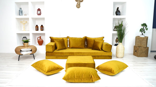 8" Thick Gold Velvet Floor Seating, Sectional Sofa with Ottoman Couch and Rug, Velvet Floor Sofa, Toddler Floor Bed, Patio Sofa, Modular Cushion, Ethnic Floor Cushion - Arabic Sofa