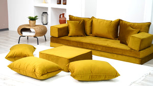 8" Thick Gold Velvet Floor Seating, Sectional Sofa with Ottoman Couch and Rug, Velvet Floor Sofa, Toddler Floor Bed, Patio Sofa, Modular Cushion, Ethnic Floor Cushion - Arabic Sofa