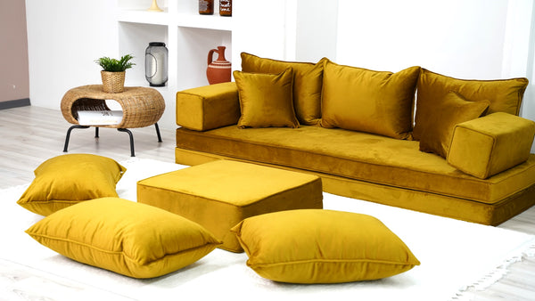 8" Thick Gold Velvet Floor Seating, Sectional Sofa with Ottoman Couch and Rug, Velvet Floor Sofa, Toddler Floor Bed, Patio Sofa, Modular Cushion, Ethnic Floor Cushion - Arabic Sofa